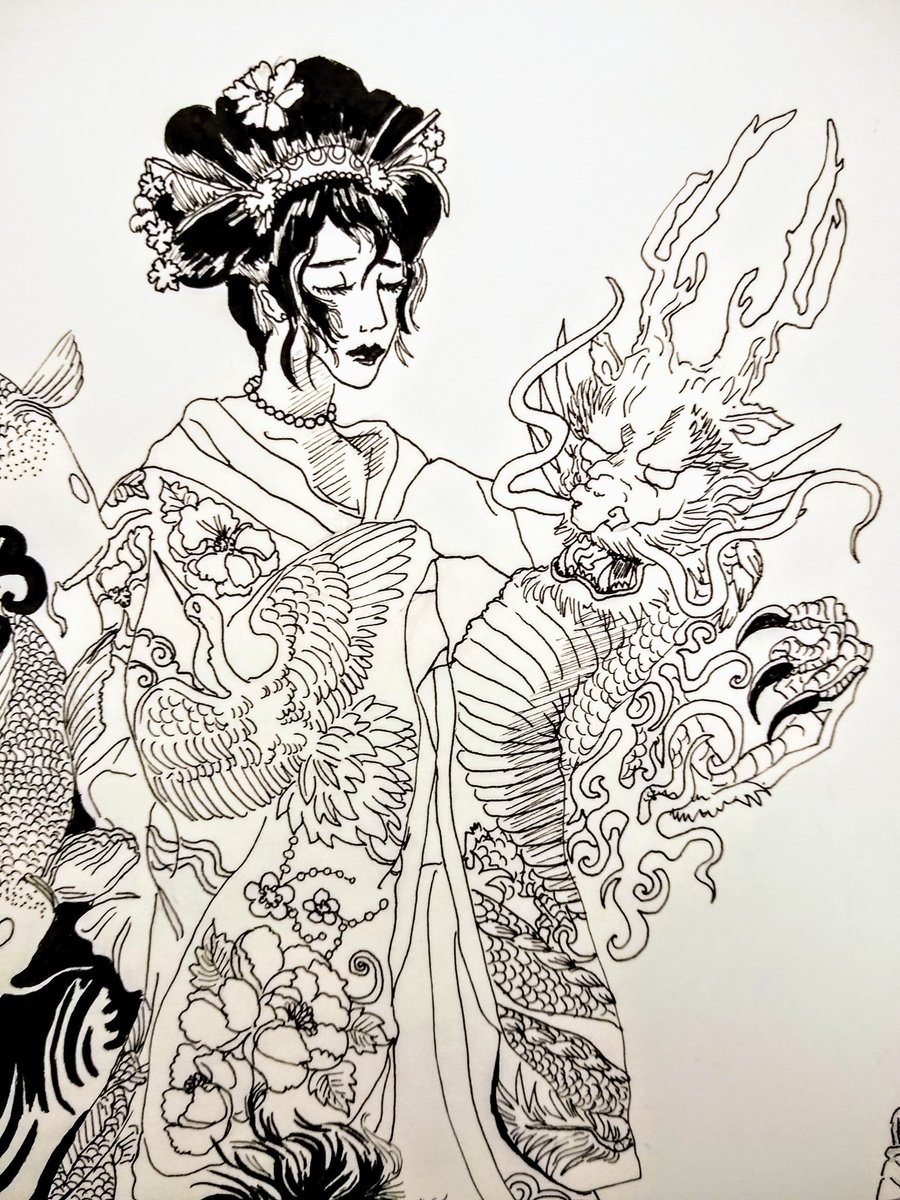 hiddenbyart's tweet photo. Throw back College assignment drawing from 2012. In this piece I was studying Japanese Tattoos and the elegantly embroidered kimonos. #neopiko #penandinkdrawing #japanesetattoodesign #artistsontwitter https://t.co/gBSun0KXBa