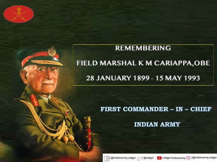 Field Marshal K M Cariappa, OBE ensured many glories to the Nation &amp; #IndianArmy. He was the 1st Indian Commander-in-Chief, &amp; created many structural changes for better effectiveness. He adopted the slogan 'Jai Hind' which means 'Victory to India'.

 #IndianArmy
 #Honour
 #Pride