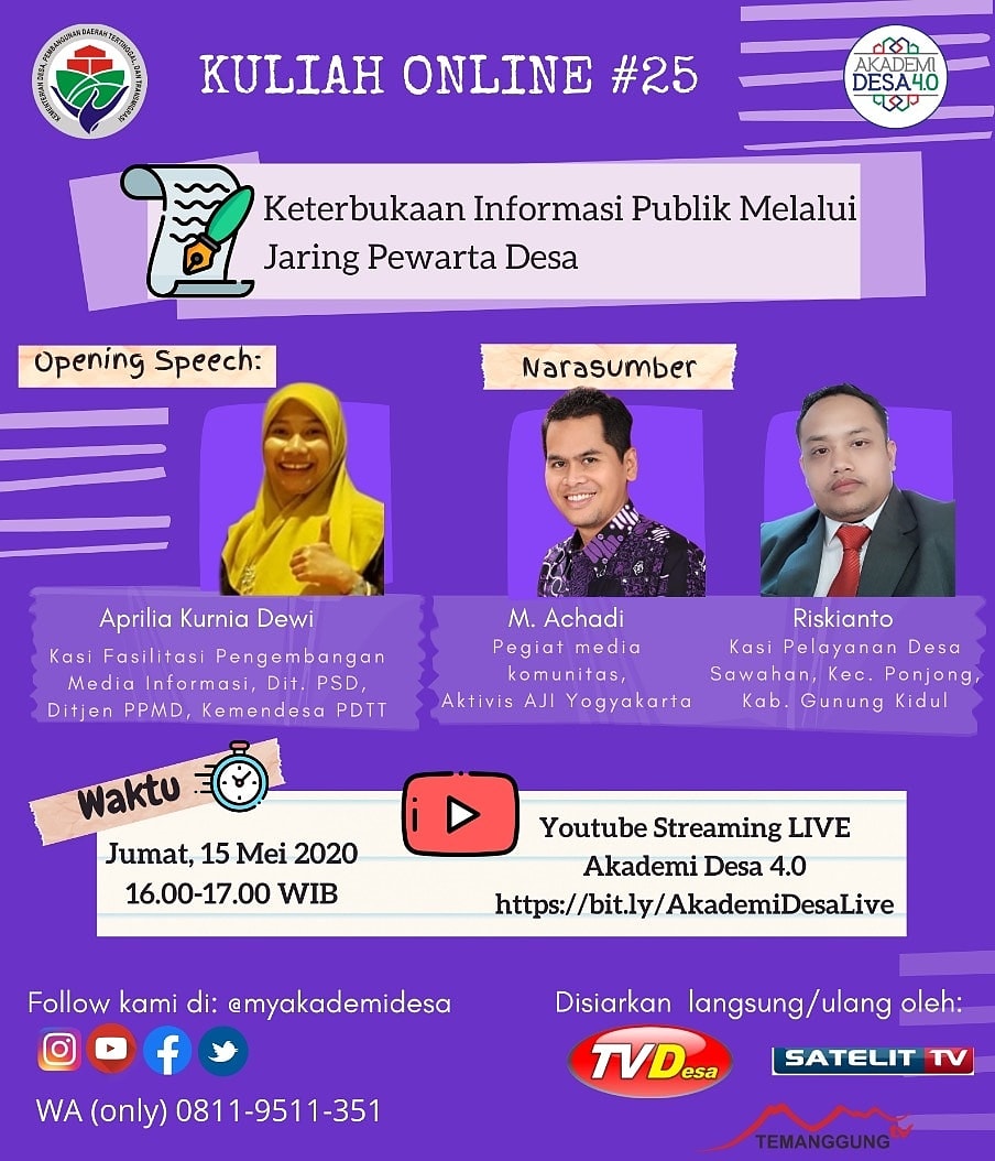 Sore ini yuk, ngabuburit bersama Kuliah Online Akademi Desa di bit.ly/AkademiDesaLive Pukul 16.00-17.00 WIB

Bicara tentang keterbukaan informasi publik melalui jaring pewarta desa, dan bagaimana perannya?