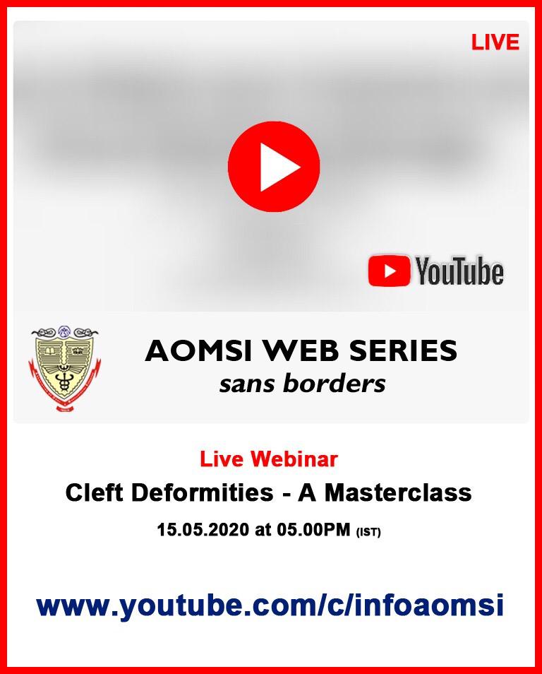 jaideep_dr's tweet photo. Comprehensive master class on cleft deformities by AOMSI &amp; ISCLPCA today at 5pm (IST). Can be accessed on ZOOM or YouTube Live. https://t.co/DG1Bj5q6B2