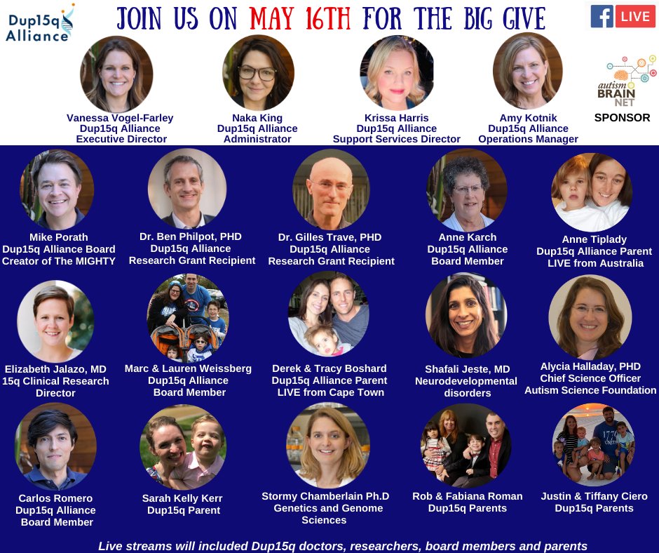 dup15q's tweet photo. You don't want to miss this event! This Satuday join us for our Facebook LIVE 24 hour Big Give Event - Life With Extra. 💙

LIVE streams will include a variety of supporters including Dup15q doctors, researchers and parents. 
#Dup15q #BigGive #LifeWithExtra https://t.co/xoS77WUggQ