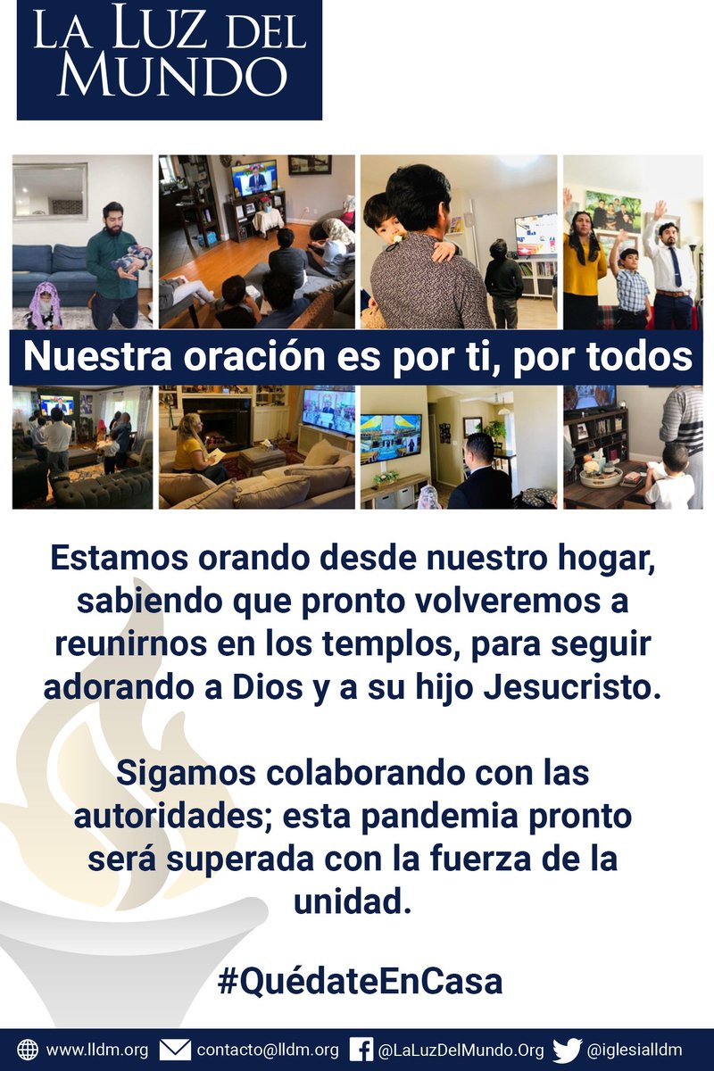 iglesialldm's tweet photo. Nuestra oración es por ti, por todos
Desde nuestro hogar, sabiendo que pronto volveremos a reunirnos en los templos, para seguir adorando a Dios y a su hijo Jesucristo.
#WeAreLight
#QuedateEnCasa
#LLDM https://t.co/zCOUPOpKEf