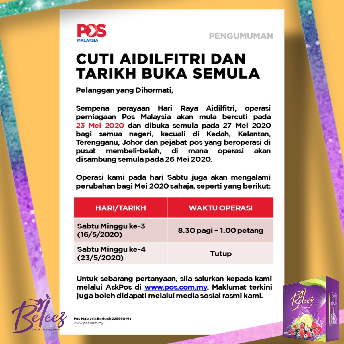 beleezofficial's tweet photo. Pengumuman Pos Malaysia sempena Hari Raya Aidilfitri @pos4you https://t.co/xtkS4TWKAm