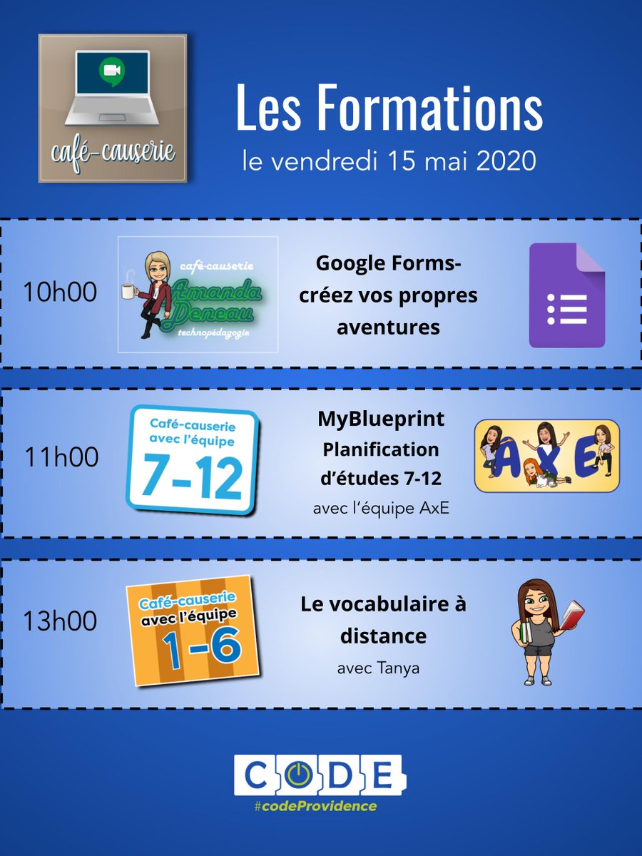 Rejoignez-nous demain pour nos formations via 
<a href="/google_meet/">Google_Meet</a> <a href="/CscProvidence/">Csc Providence</a>
#apprentissageàdistance #codeprovidence #çavabienaller