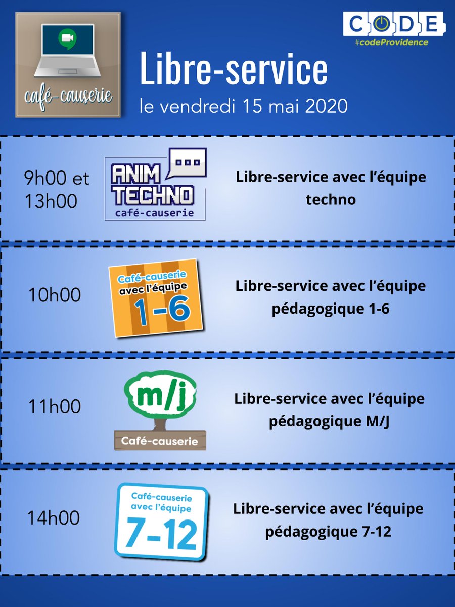 Avez-vous des questions? Rejoignez-nous demain durant les sessions ''libre-service'' via <a href="/google_meet/">Google_Meet</a> @CscProvidencem #apprentissageàdistance #codeprovidence #cavabienaller