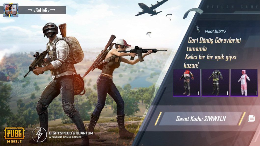 seher_sbil's tweet photo. PUBG MOBILE Geri Dönüş Görevlerini tamamla! Kalıcı bir epik giysiyi ücretsiz olarak kazan! Davet kodum: 2IWWXLN https://t.co/iIK12EqzVc https://t.co/NOP1qkehGB