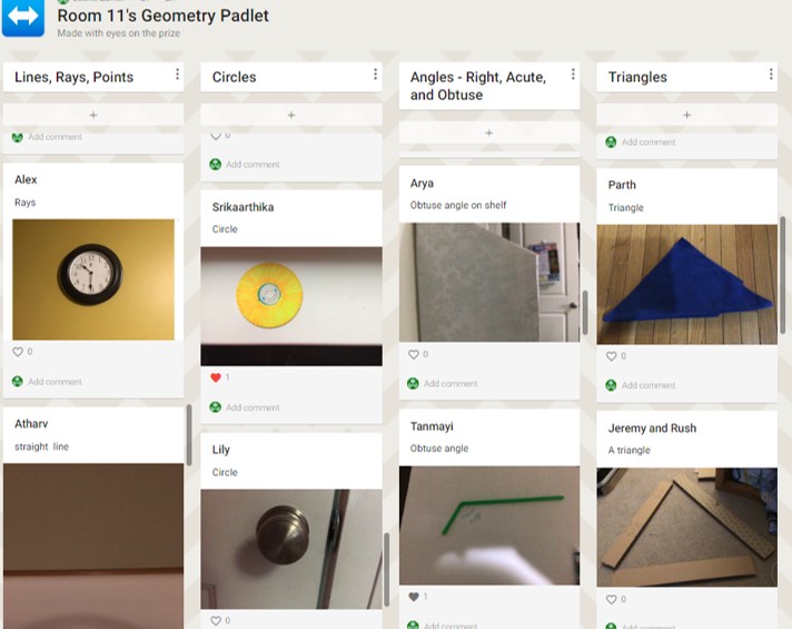 mrszavich's tweet photo. In today's Zoom, the #Room11FourthGraders did a geometry scavenger hunt on @padlet!  As we learn more geometry, we can add more columns of geometry we see all around us.  @OneWattles #MissThisClass #mathisfun https://t.co/97SfCTOsvw