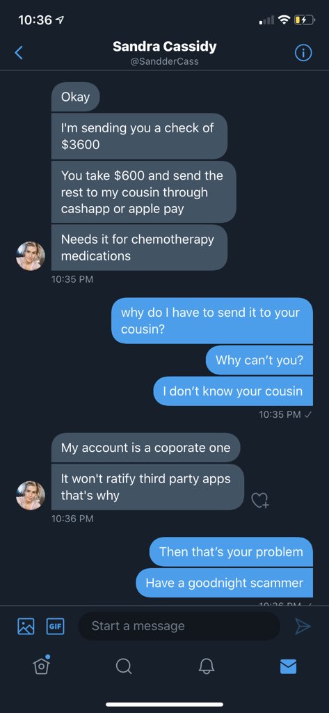 waller_ria's tweet photo. we’ve gotta another scammer on the loose!! And this one asks to return the remaining amount to her cousin who needs chemo. Lmao why can’t you do that??? https://t.co/A3cK1fTPzu