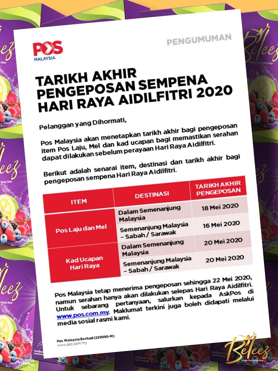 beleezofficial's tweet photo. TARIKH AKHIR PENGEPOSAN SEMPENA HARI RAYA AIDILFITRI 2020 😘 @pos4you https://t.co/O3u12IIau4