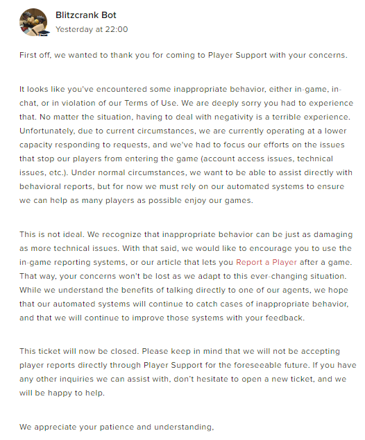 M4J0Rawesome's tweet photo. @RiotSupport @riotgames @LeagueOfLegends Hey how about you don't close the ticket, and then go ham with a ban hammer later to those that've abused the fact that no one's getting banned right now. https://t.co/SQ15OJzQ2D