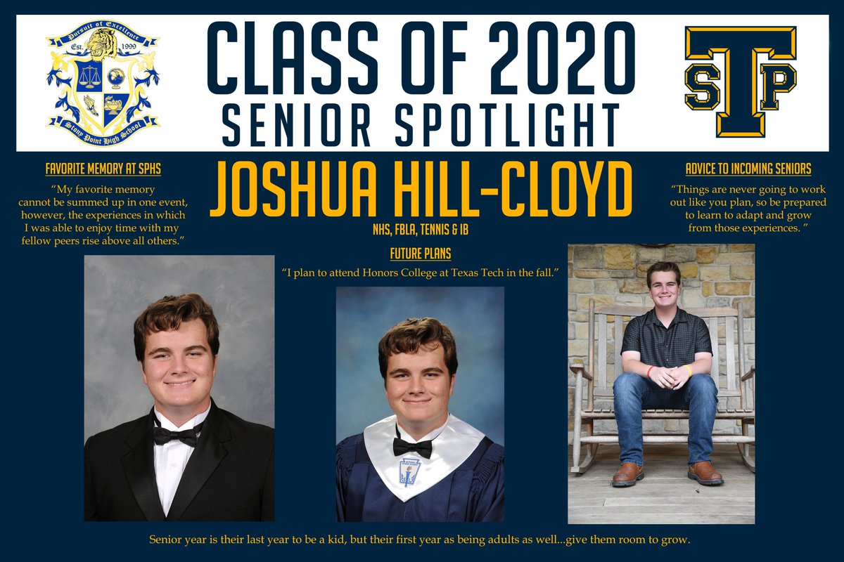 StpTiger's tweet photo. Class of 2020 Senior Spotlight: Joshua Hill-Cloyd - NHS, FBLA, Tennis &amp; IB - "I plan to attend Honors College at Texas Tech in the fall." https://t.co/fNXOgPss6l @RoundRockISD @StonyPointHS @alwatsonjcil @ProjectGradSPHS #StonyPointSeniorStrong https://t.co/YZJ9gMb54q