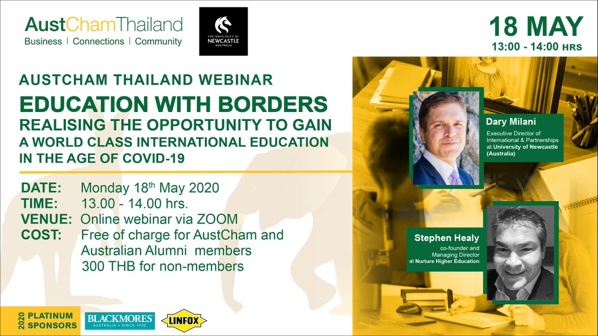 A reminder of AustCham Webinar on Education with Borders happening on Monday 18th May 2020 at 13.00 - 14.00 hrs. 

Book now at us02web.zoom.us/webinar/regist…

Registration needs to be made 30 minutes before the time of webinar. Please make sure to to log in with your ZOOM account.