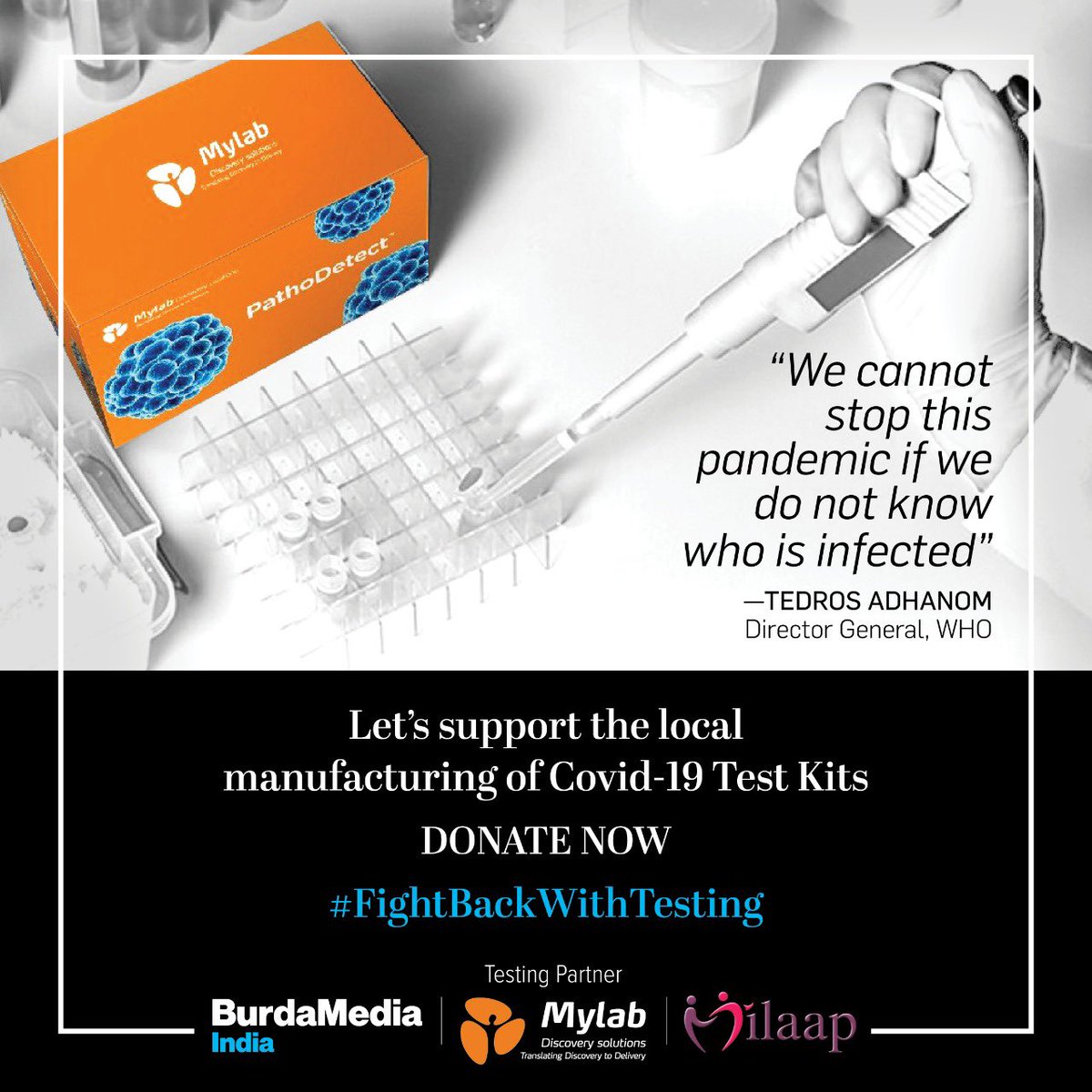 BurdamediaIndia's tweet photo. #FightBackWithTesting
Donate #COVIDー19 testing kits to hospitals in -#Covid_19india
100% proceeds will go to @MylabSolutions
#crowdfunding partner @milaapdotorg
#Donate 👇🏻here
https://t.co/fb0k9gKOSJ https://t.co/HUhApk58r9