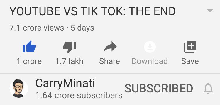 imNishant_'s tweet photo. This is not done 
@YouTubeIndia

Why you Removed Most Liked Indian Video?? We want that video back or apology 
#JusticeForCarry #carryminati https://t.co/SfFBB3dguN https://t.co/LtE12IdxKi