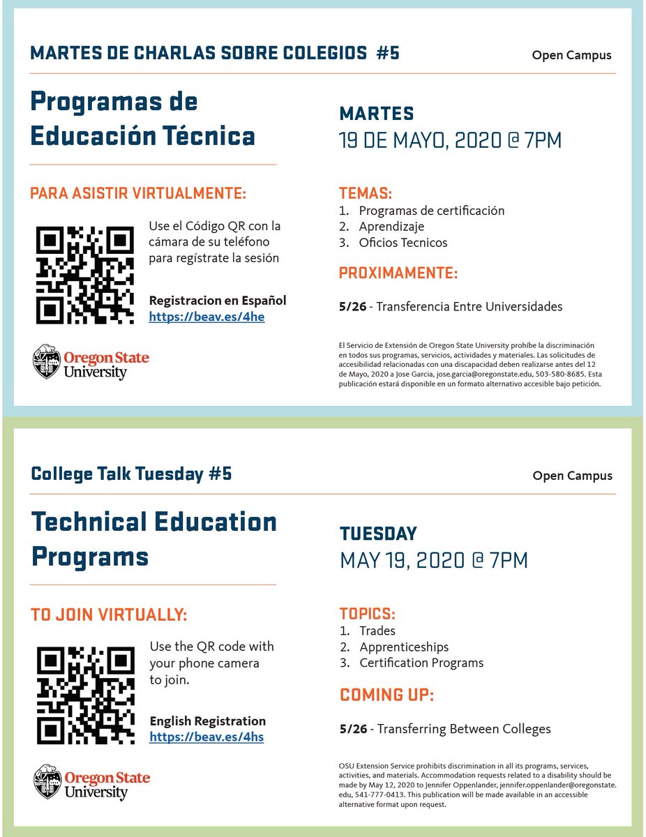 JOppenlander's tweet photo. Help spread the word!! College Talk Tuesday’s                

Trade School, Apprenticeships and Certificate Programs        
sign up here: Spanish - https://t.co/jfMbVtyNEw   English- https://t.co/J3ThWlVapf https://t.co/75opocHpFh