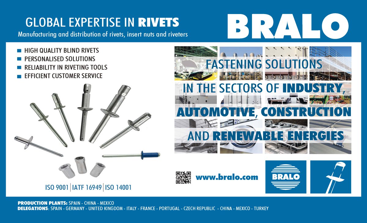BRALO_es's tweet image. Do you need a solution to fix materials? At @BRALO_es we support manufacturers with safe and high quality #fixing systems. Subscribe to our website to find out all about our #rivets, #insertnuts and #rivetingtools bit.ly/2WyHwLy