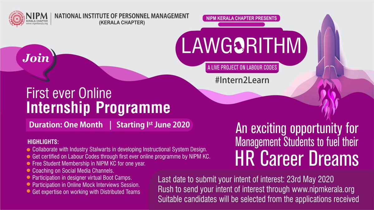 nipmkerala's tweet photo. Introducing #Intern2Learn, our first ever online #internship programme.
#LAWGORITHM - An Instructional System Design for #LabourLaws/ Codes and Level-1 #certification on #Labour Code.
Eligibility: PG students (graduated & pursuing) in #HR
Register at https://t.co/GyZw0FSnxY https://t.co/zvwdI3wBu4