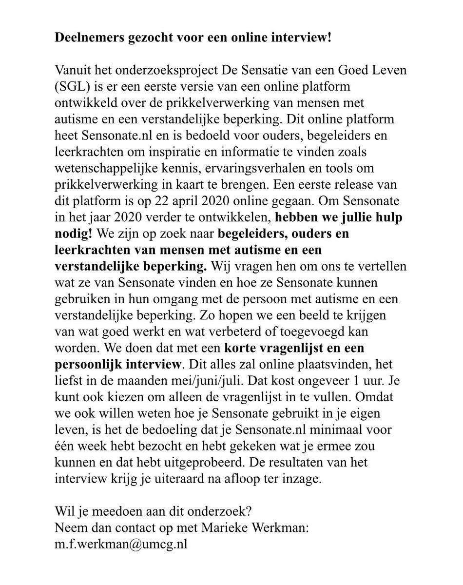 Wie zou hier aan mee willen doen? Er wordt gevraagd wat jullie vinden van sensonate.nl, een online platform dat veel informatie bevat over prikkelverwerking bij autisme en een verstandelijke beperking. #gehandicaptenzorg #autisme <a href="/Sensonate1/">Sensonate</a>