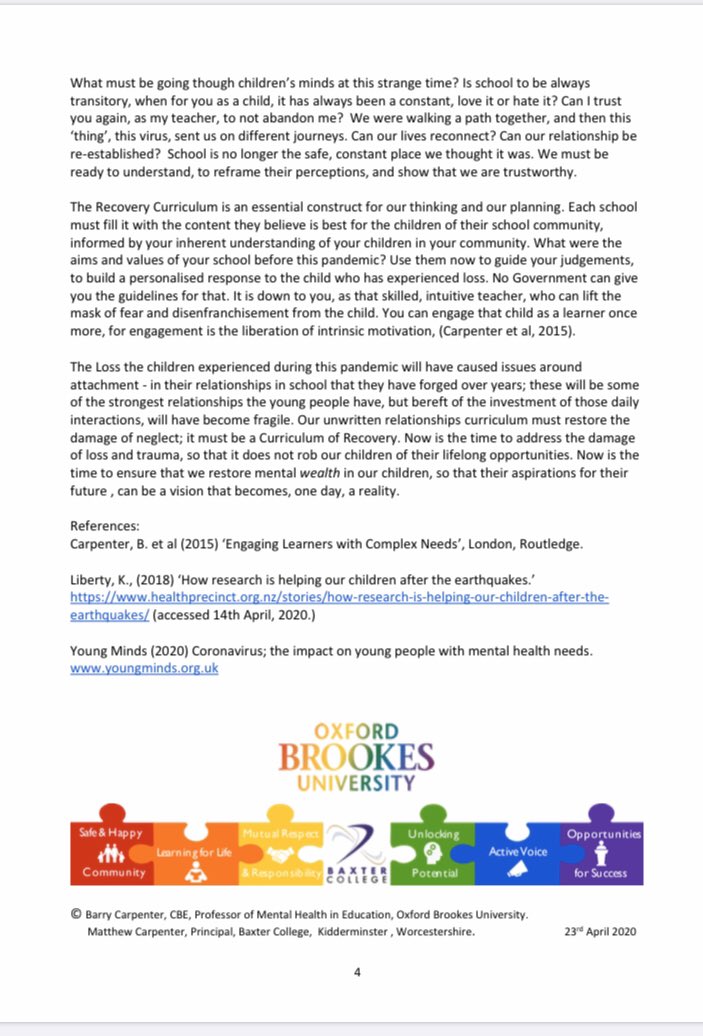 teachPMLD's tweet photo. A Recovery Curriculum by Barry Carpenter #SEND #PMLD #teachingSEND #covid19schools #reopeningschools #covid19curriculum #recoverycurriculum https://t.co/4Qk3GQw4Iz