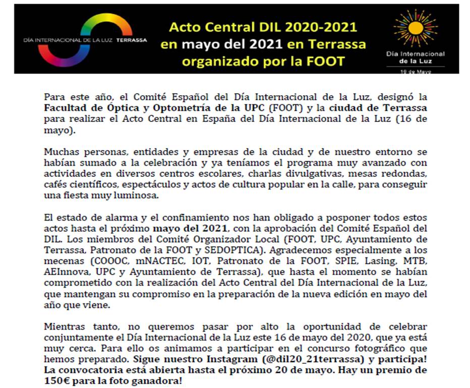Dil2020T's tweet photo. L'acte central del DIL2020 es celebrarà a Terrassa, organitzat per la Facultat d'Òptica i Optometria, al maig 2021. Donem les gràcies a tots els nostres col·laboradors per la seva inestimable contribució @la_UPC @optometria_upc @optometria_cat @ajterrassa @sedoptica @DIL_SPAIN https://t.co/lOC2apu4ka