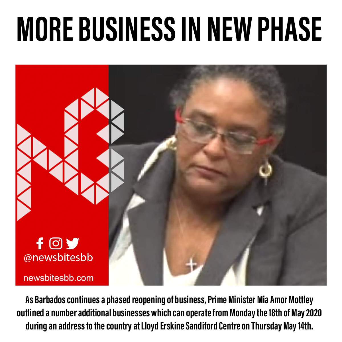newsbitesbb's tweet photo. As Barbados continues a phased reopening of business, in response to Covid-19 Prime Minister Mia Amor Mottley outlined a number additional businesses which can operate from Monday May 18th 2020 https://t.co/V9RPFUgGWA https://t.co/Myoofc9c5K