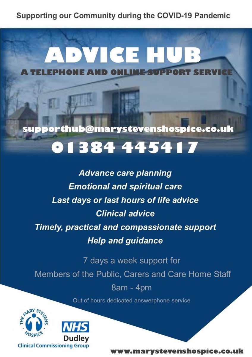 MSHospice's tweet photo. During #DyingMattersWeek we want to reassure you that staff in our Advice Hub are here to listen and talk to you.
If you need us please contact:
01384- 445417
supporthub@marystevenshospice.co.uk or visit https://t.co/cT79Pds7ql
#DyingToBeHeard #CommunitySupport #AdviceHub https://t.co/DkUBFhzBzP