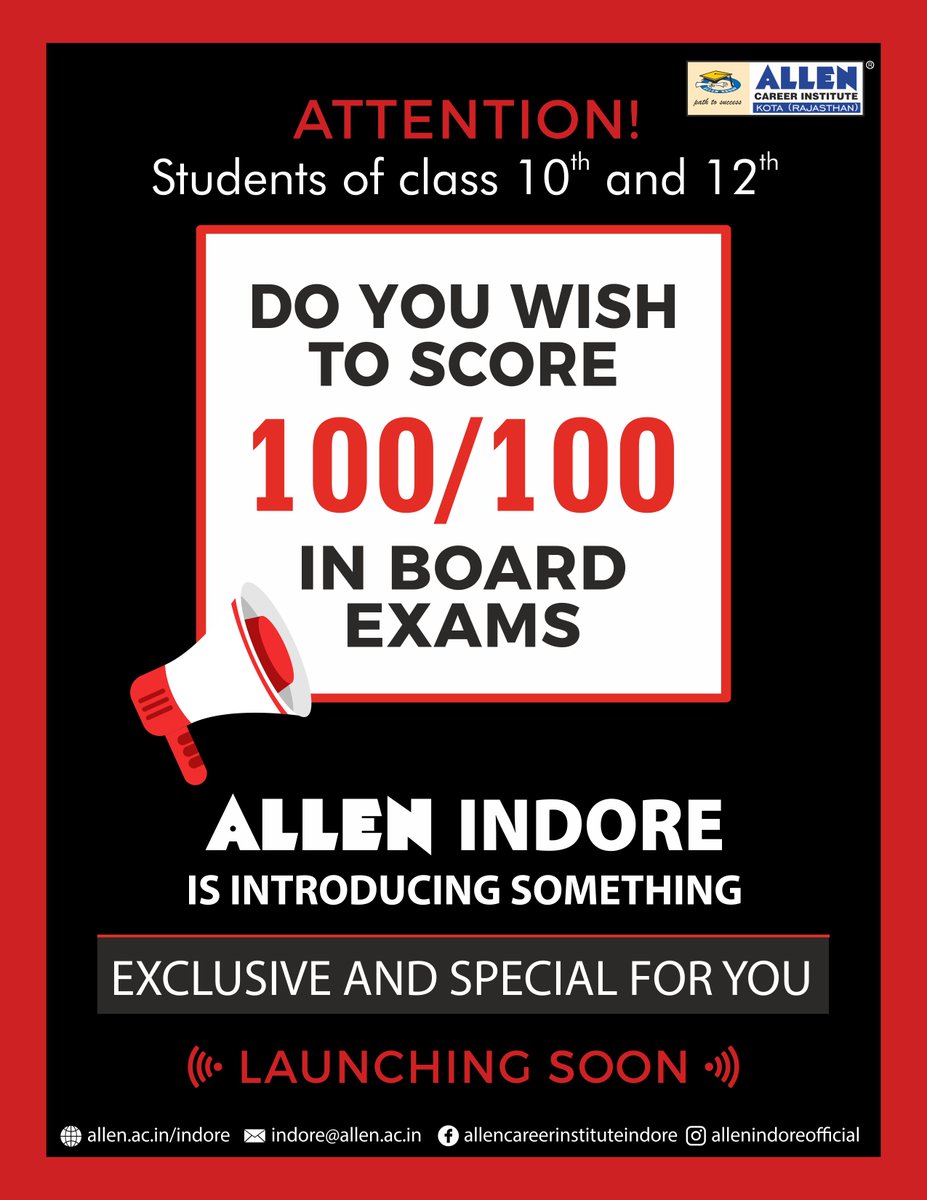 ALLEN_Indore's tweet photo. 📯 Attention Students of Class 10th and 12th!
👉 Do you wish to score 100/100 in Board Exams❓
➡️ ALLEN Indore is introducing something exclusive and special for you
♦️ Launching Soon! ♦️
#AllenIndore #KotaCoaching https://t.co/YhmtJpBAiV