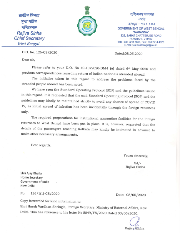 HomeBengal's tweet photo. @MEAIndia @MoCA_GoI @HomeSecretaryWB GOWB keen to welcome back our people stranded in different countries and has long back communicated its agreement as well as quarantine arrangements details etc to GOI for special international inbound journeys. Letters attached. Bengal awaits flights. https://t.co/QD9VsjugCX