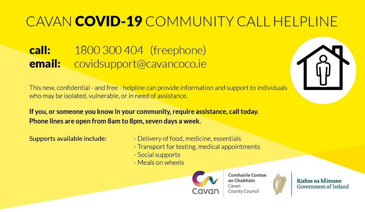 cavancoco's tweet photo. If you're cocooning, isolated, or vulnerable and need assistance getting essentials, the Cavan Community Call helpline is there for you on freephone 1800 300 404 or email covidsupport@cavancoco.ie. Lines open 8am - 8pm, seven days a week https://t.co/zmn8HML08r