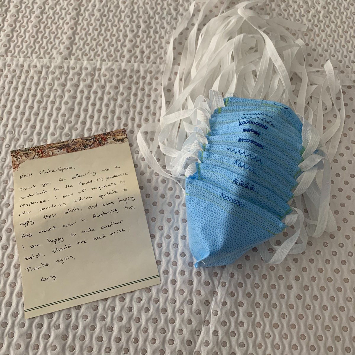 Friday feelgood🤗👏🙏<a href="/anumakerspace/">ANU MakerSpace</a> was chuffed to receive this lovely note from Kerry, one of 70 volunteer quilters assisting to make face masks. Thanks to the designs &amp; people-power of <a href="/ANUartdesign/">ANU Art & Design</a> friends/ alumni &amp; Canberra Quilters club, masks are supporting #covid19 safety.