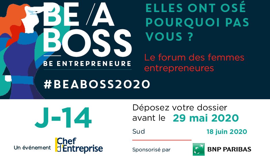 📣J-14 pour déposer vos dossiers! 
#Entrepreneuriatfeminin #ConnectHers <a href="/Beaboss2020/">Be a boss</a>