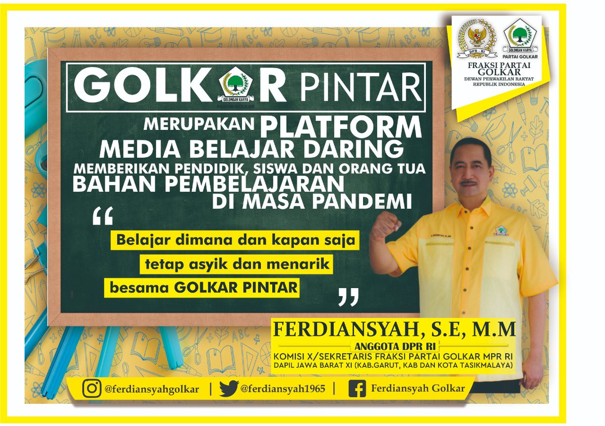 ferdiansyah1965's tweet photo. Program Golkar Pintar mengaktualisasikan informasi belajar dari rumah. Merupakan layanan informasi dan tanya jawab virtual seputar pendidikan di masa pandemi Covid-19. Layanan ini dibuat dan dikelola oleh Bidang Pendidikan dan Kebudayaan Korbid Kesra DPP Partai Golkar. https://t.co/oq42bvnBpk