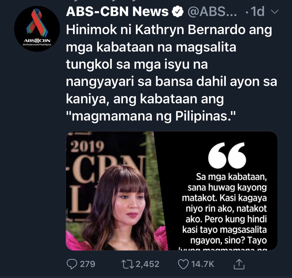 Kung ang mga fan niyo ang magmamana ng Pilipinas d nalang. Lulubog talaga ang Pilipinas. Ano gagawin nun? Iiyak na parang mga spoiled brat??? Pag nagalit magpapatrending??? Aasa sa tv para sumaya? Ang kabataan kailangan natin ay yung mga kabataang nag aaral hindi nanunuod ng TV!