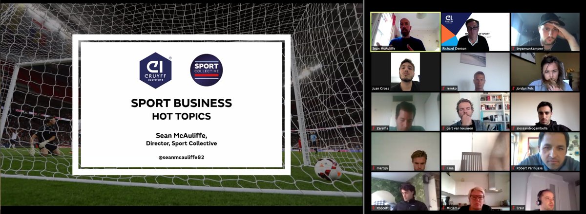 Cruyff_Inst_NL's tweet photo. Sean McAuliffe, directeur @SportCo11ective, gaf woensdag een inspirerende gastlezing aan onze Master in #SportManagement studenten over 'hot topics' in de sportbusiness, waaronder #eSports, trends in sportconsumptie en vrouwensport. Bedankt, Sean en docent @richardadenton! https://t.co/SAUiJwC8Gt