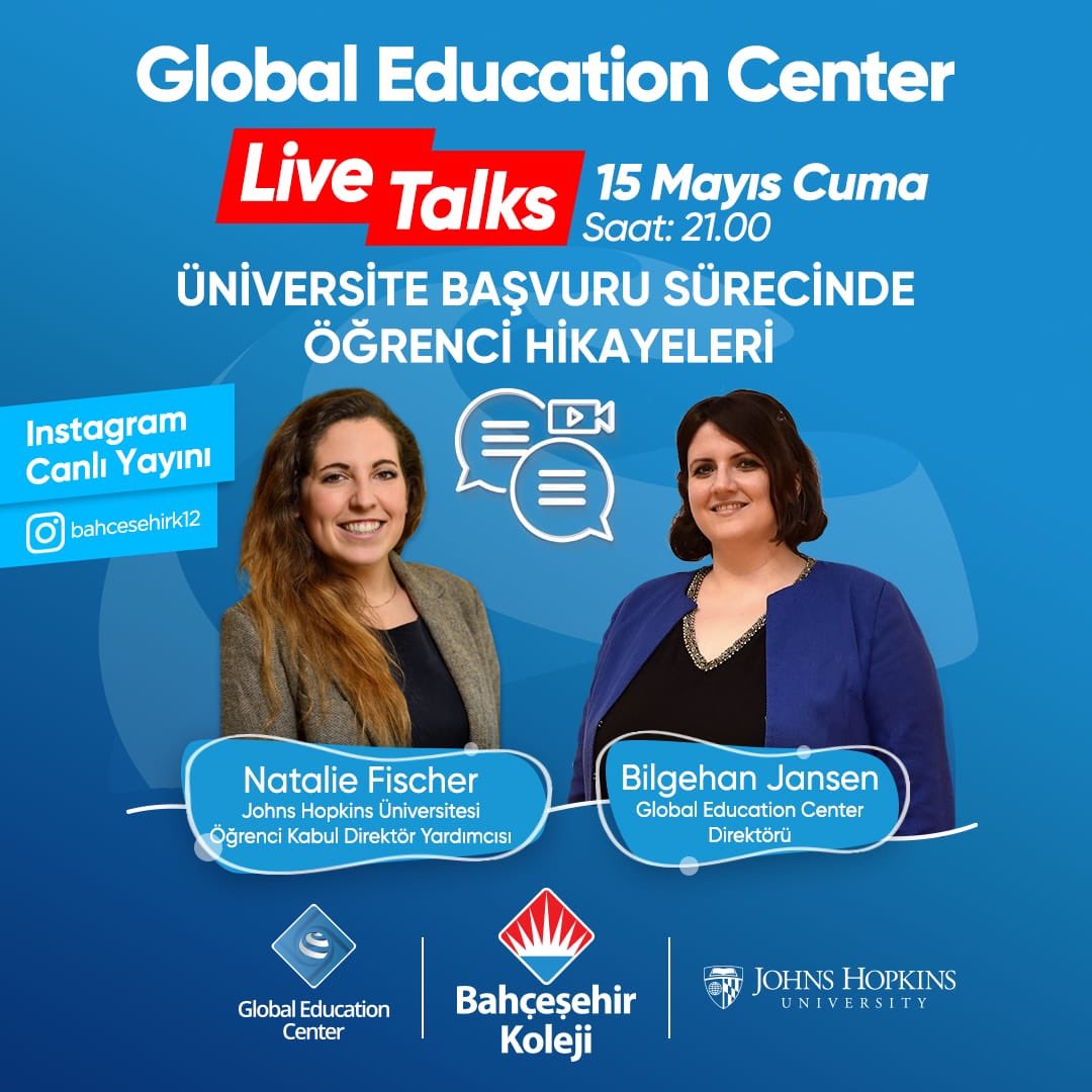 Johns Hopkins Üniversitesi Öğrenci Kabul Direktör Yardımcısı Natalie Fischer, ‘’Üniversite Başvuru Sürecinde Öğrenci Hikayeleri’’ üzerine paylaşımlarda bulunmak üzere Bahçeşehir Koleji Global Education Center Live Talks ‘a konuk oluyor! 

📅15 Mayıs Cuma
⏰21.00