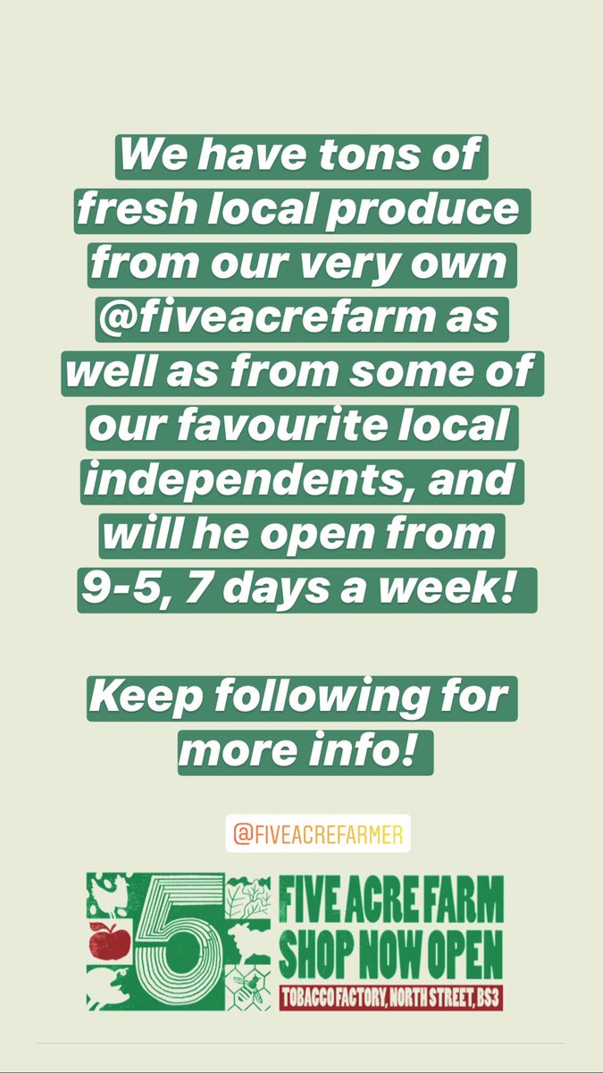 Tobacco_Factory's tweet photo. Little update from us!👇 #shoplocal #bristol #fiveacrefarm https://t.co/SwtK4diI5Q