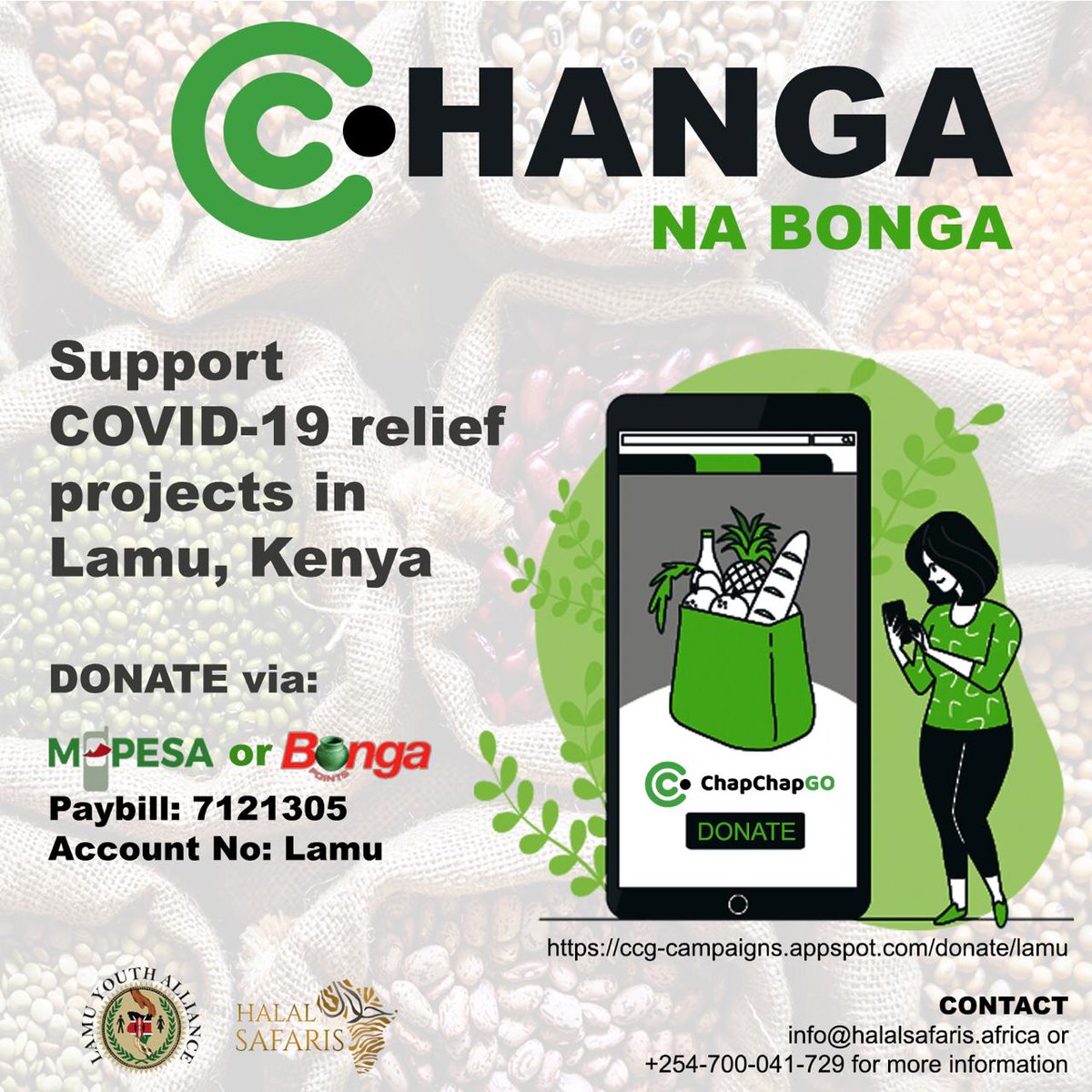 LamuYouth's tweet photo. *DONATE BONGA POINTS TO PROVIDE COVID-19 RELIEF IN LAMU, KENYA*
Lamu Youth Alliance is running the “Changa na Bonga campaign” with @HalalSafaris where you can donate your bonga points to help send relief and support to those impacted economically by the virus in Lamu.
#COVID19KE https://t.co/VlrcaAwGro