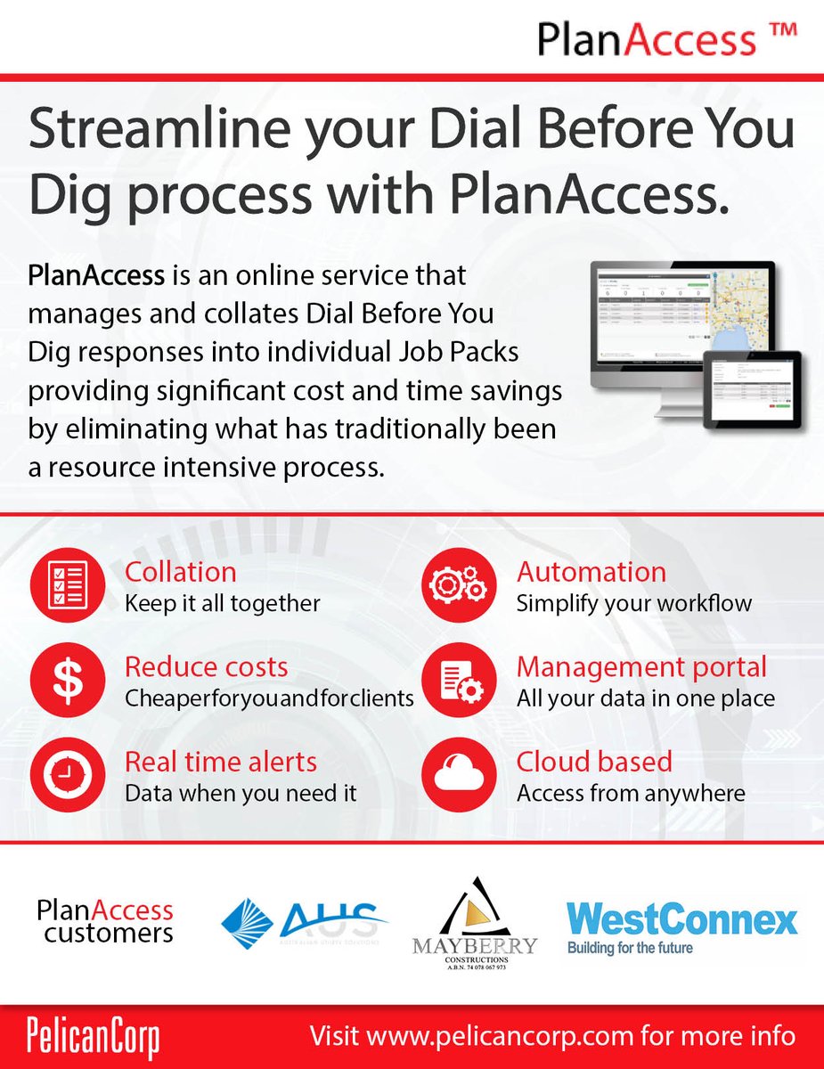 PelicanCorp's tweet photo. #PlanAccess collates all your Dial Before You Dig
plans into one job pack, helping you track all responses, optimise your workflow and save time &resources!
Get in touch with the #pelicancorp team today to learn more - https://t.co/pSdE20Biep
#smartsolutions #damageprevention https://t.co/K1ocXweDYj