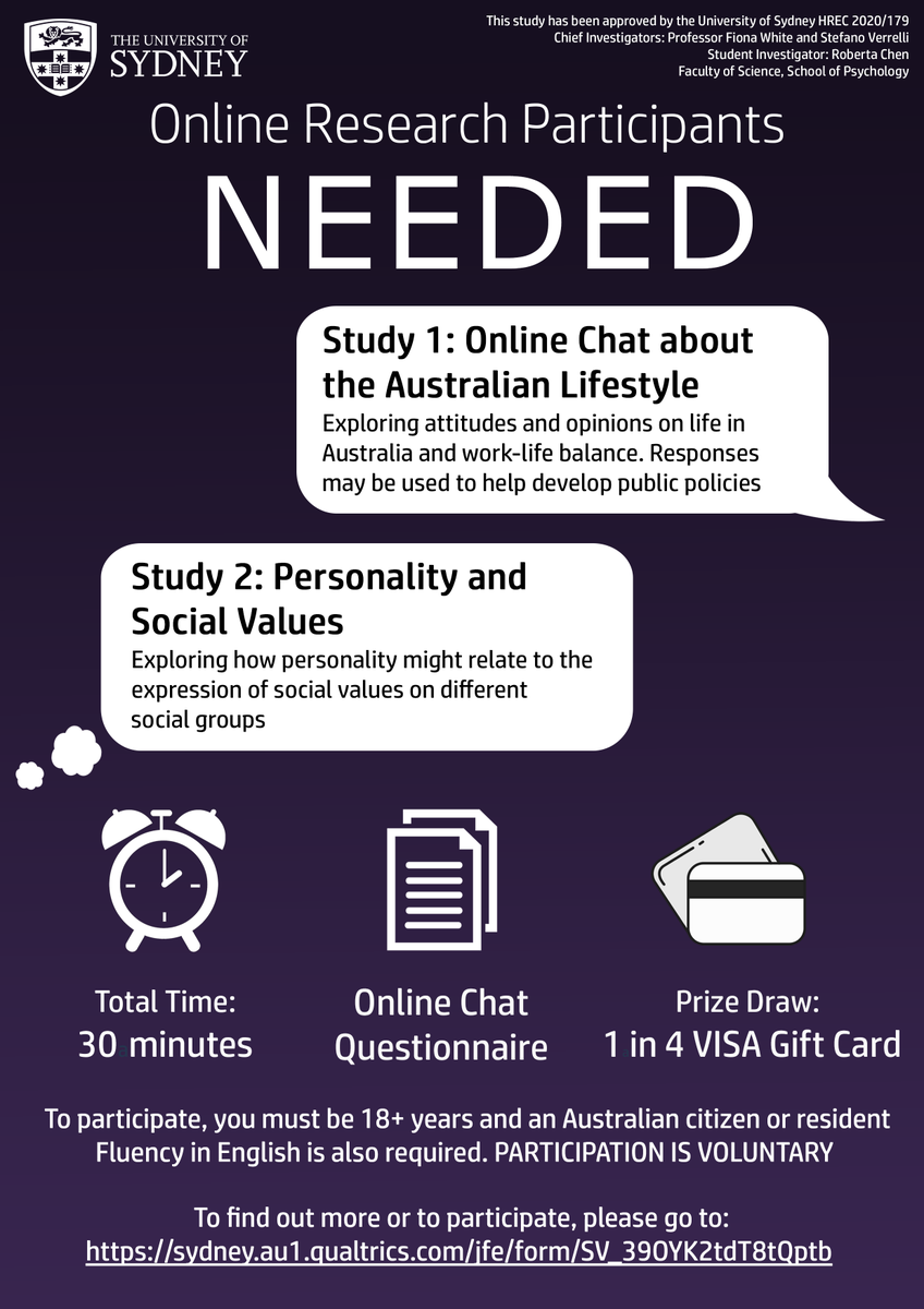 supirlab's tweet photo. PARTICIPANTS NEEDED for 2 online studies (30 mins total) 
1) Online chat about Australia; 2) Personality &amp; Social Values 
You can win 1 of 4 VISA gift cards!!
 
To know more or participate:
https://t.co/cWKRAG3Hlq https://t.co/g0szTEFd8g