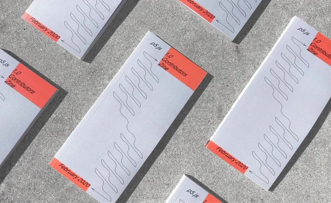 layout of p5.js 1.0 contributors zine, grey cover, orange highlights