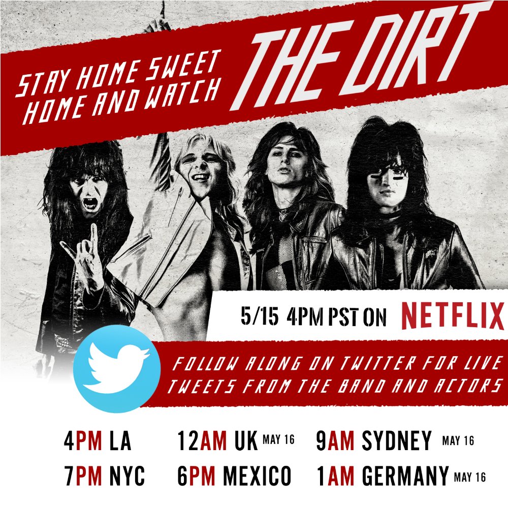 Maric Media (@maricmediaaus) on Twitter photo Fri/Sat depending on your timezone, watch The Dirt on Netflix with <a href="/MotleyCrue/">Mötley Crüe</a> and the movie cast as they answer fan q's and share the comments LIVE
#stayhomesweethome
#thedirt #motleycrue #betternoisemusic #netflix
<a href="/BetterNoise/">Better Noise Music</a> Fri/Sat depending on your timezone, watch The Dirt on Netflix with <a href="/MotleyCrue/">Mötley Crüe</a> and the movie cast as they answer fan q's and share the comments LIVE
#stayhomesweethome
#thedirt #motleycrue #betternoisemusic #netflix
<a href="/BetterNoise/">Better Noise Music</a>