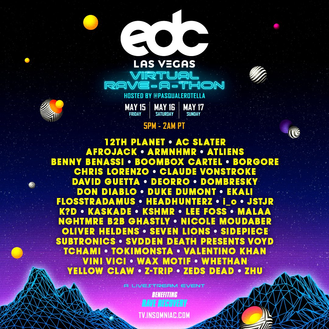 _lennystew's tweet photo. Here are your #VirtualRaveAThon set times!! Keep tagging us and our host Pasquale Rotella in your #MyEDCMoments, Virtual Sky Stories &amp; TikTok #RaveChallenges! 💜✨ You might get featured on this weekend’s LIVESTREAM!!⚡️🌈💻

Tune in at →https://t.co/8Mv6om5zWP

#EDCLasVegas https://t.co/sJKYrEPJjY