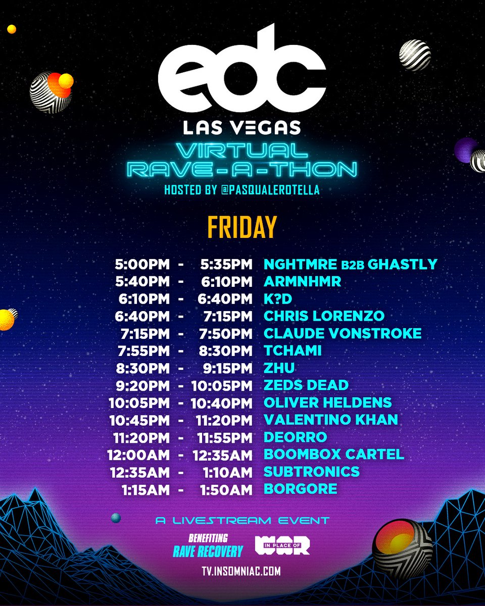 _lennystew's tweet photo. Here are your #VirtualRaveAThon set times!! Keep tagging us and our host Pasquale Rotella in your #MyEDCMoments, Virtual Sky Stories &amp; TikTok #RaveChallenges! 💜✨ You might get featured on this weekend’s LIVESTREAM!!⚡️🌈💻

Tune in at →https://t.co/8Mv6om5zWP

#EDCLasVegas https://t.co/sJKYrEPJjY