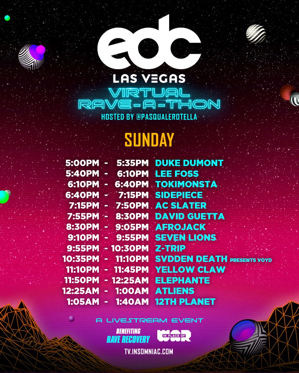 _lennystew's tweet photo. Here are your #VirtualRaveAThon set times!! Keep tagging us and our host Pasquale Rotella in your #MyEDCMoments, Virtual Sky Stories &amp; TikTok #RaveChallenges! 💜✨ You might get featured on this weekend’s LIVESTREAM!!⚡️🌈💻

Tune in at →https://t.co/8Mv6om5zWP

#EDCLasVegas https://t.co/sJKYrEPJjY