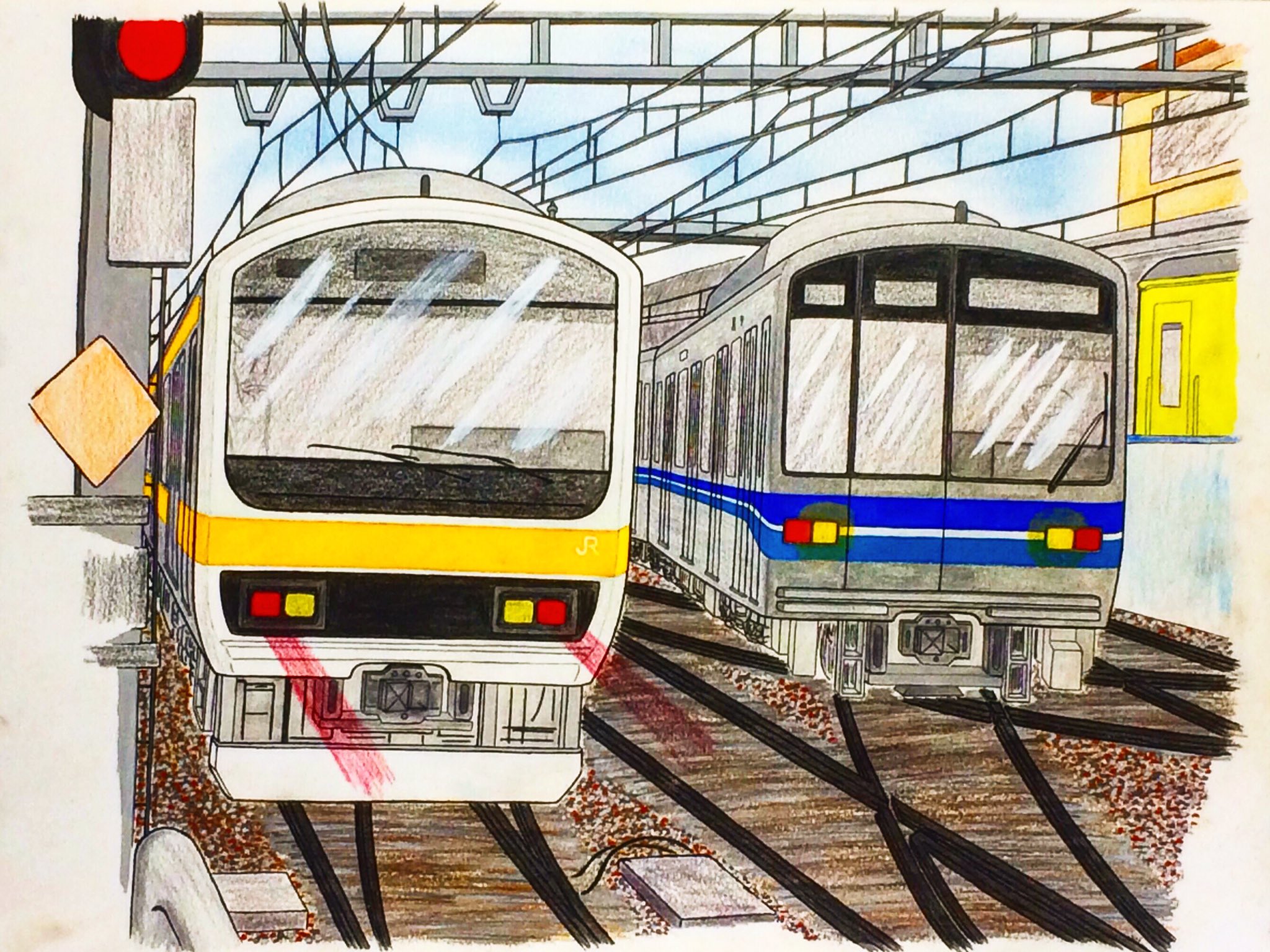 鉄神様しひろ しひろ イラストコレクション 鉄道イラスト 鉄道車両 Jr東日本 中央線 総武緩行線 中野駅 イメージ 5番線ホーム 新宿方シーン 直流通勤形電車 9系500番台 営団 東京メトロ 05系 初期車 T Co I8tr8t300c Twitter