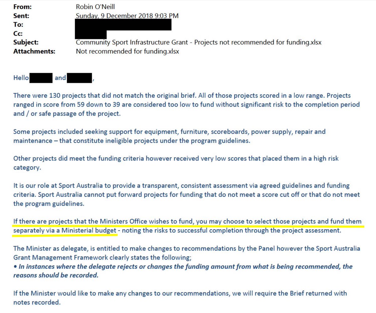 SDHamiltonVIC's tweet image. Well actually, Sport Australia did tell Minister McKenzie on 9 Dec 2018 there were problems with what she was doing. See SA’s Robin O’Neill's EMAIL: ‘you may choose to select those projects and fund them separately via a Ministerial Budget’ 
#sportsrorts #auspol @Paul_Karp
