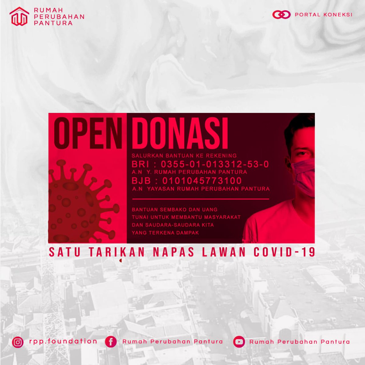 rpp_foundation's tweet photo. Hallo Twitter!
Kami membuka gerbang donasi untuk kalian semua yang mau sama sama membantu saudara kita yang terdampak langsung mau pun tidak langsung oleh covid - 19.

Ayo mari sama-sama kita lawan #COVID19 

#LawanCovid19 
#opendonasi https://t.co/U3aU2AciCI