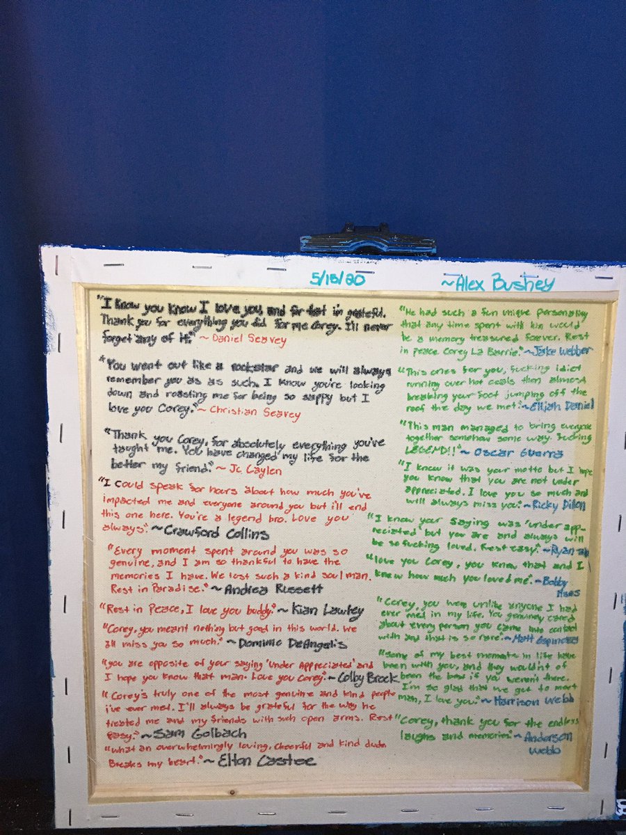 AlexBushey3's tweet photo. So, Iโve been working on this since yesterday afternoon. I know itโs not the best, but I tried. On the back are quotes from coreyโs friends. Hope yโall like it. I would tag all the people but Idk if that would be rude rn. ๐โค๏ธ๐ #FlyHighCorey #RIPCoreyLaberrie #coreylabarrie https://t.co/Nctbu1IO94