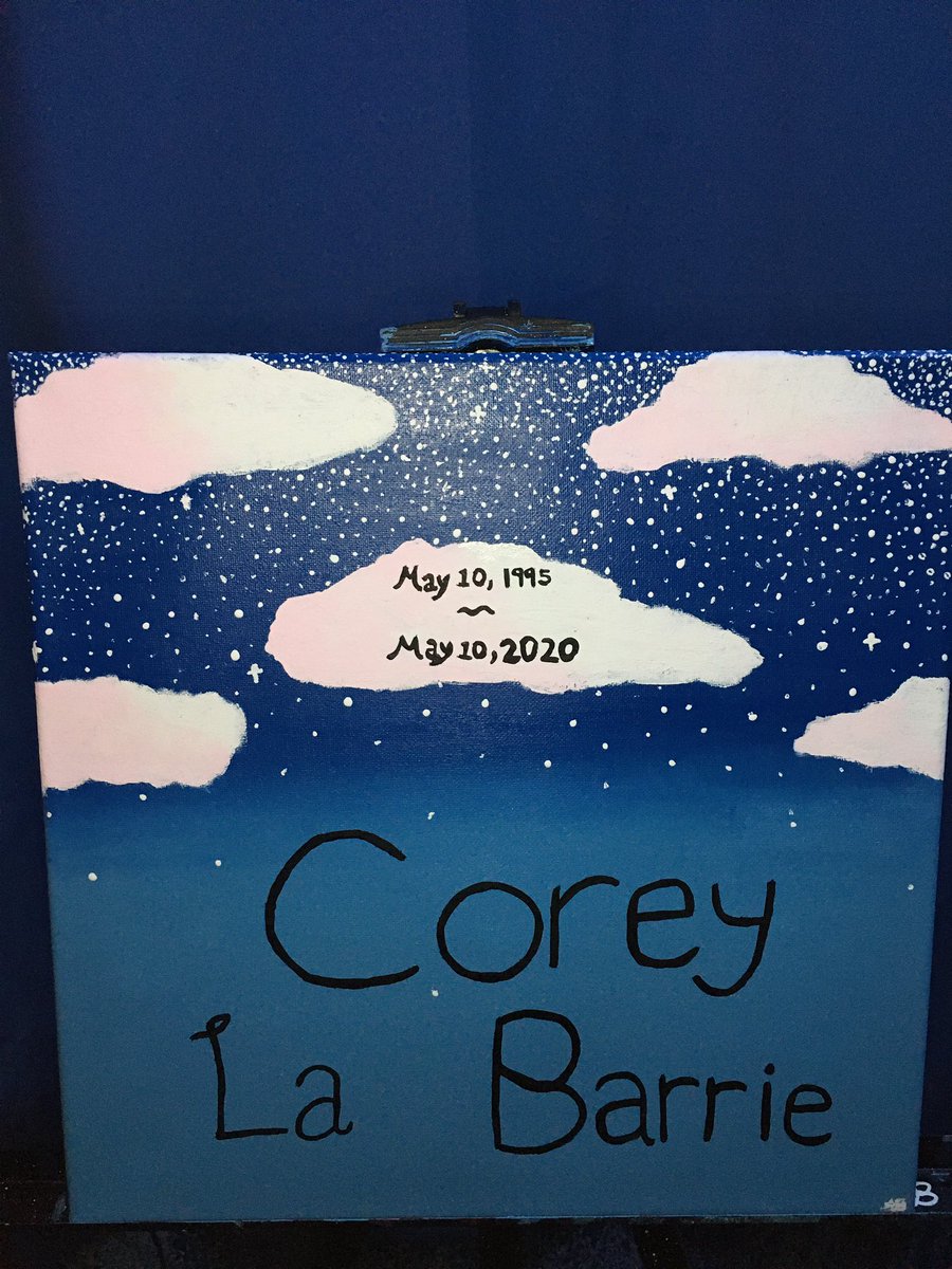 AlexBushey3's tweet photo. So, Iโve been working on this since yesterday afternoon. I know itโs not the best, but I tried. On the back are quotes from coreyโs friends. Hope yโall like it. I would tag all the people but Idk if that would be rude rn. ๐โค๏ธ๐ #FlyHighCorey #RIPCoreyLaberrie #coreylabarrie https://t.co/Nctbu1IO94