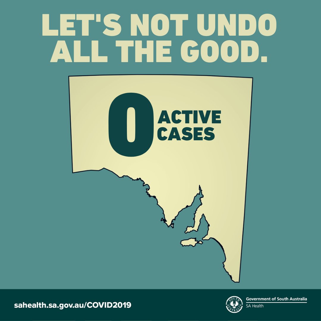 0. Nil. Zilch. Zero. Nada. Naught.
We have 0 known active COVID-19 cases in South Australia. We’re doing great, but we mustn't be complacent. Remember: 
🤒 Get tested if you have symptoms
🙋↔🙋‍♂️ Keep 1.5m distance from others
🤧 Practice good hygiene
📱 Download the COVIDSafe app